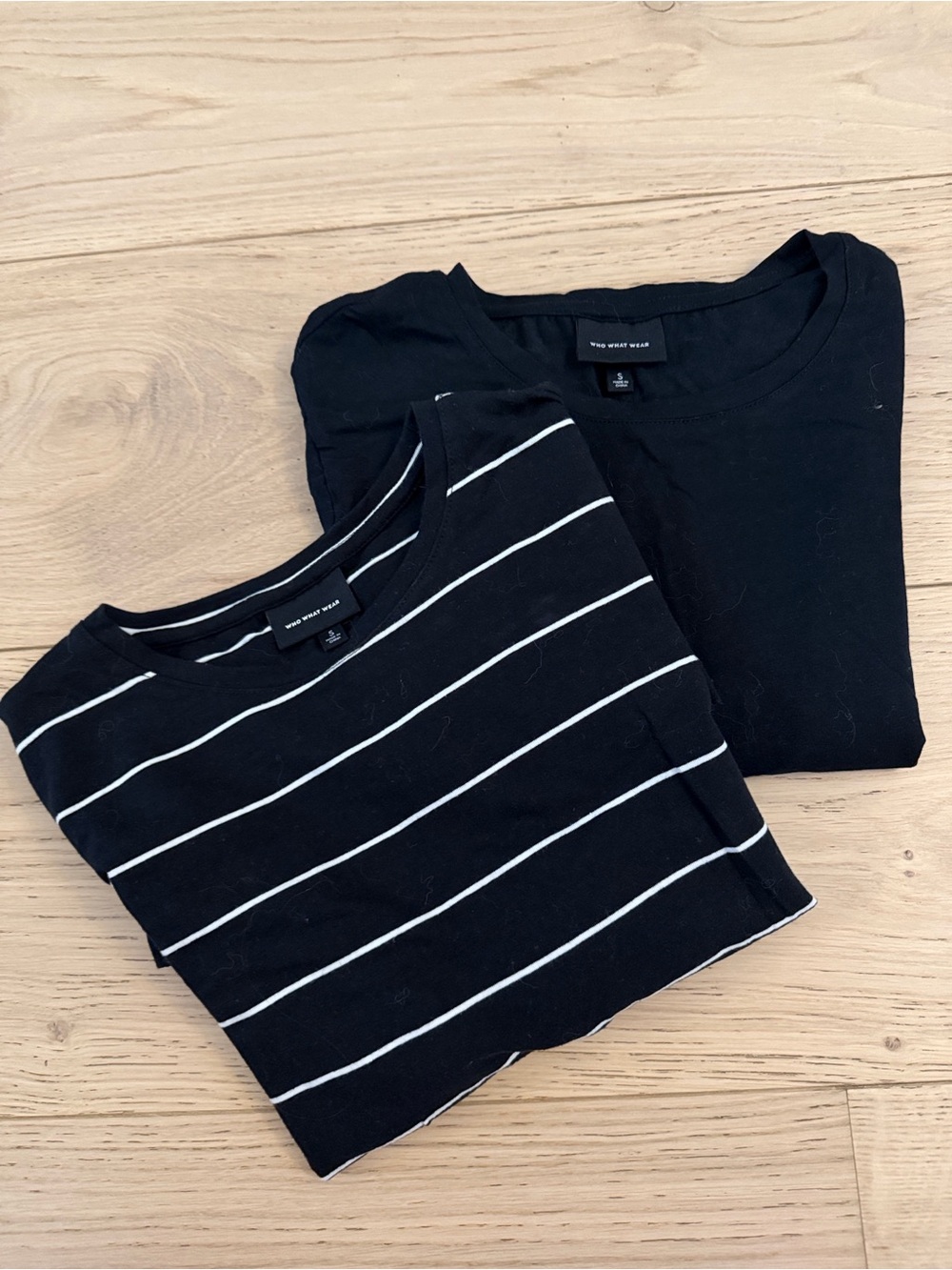 Who What Wear Black and White Striped Crew Tee and Black Tee pair